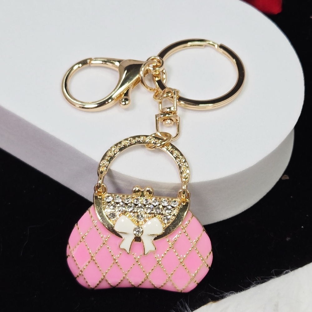 Pink Quilted Purse Rhinestone Keychain Gold Bag Charm w/ Bow Puffy Keyring Clip - Picture 6 of 12